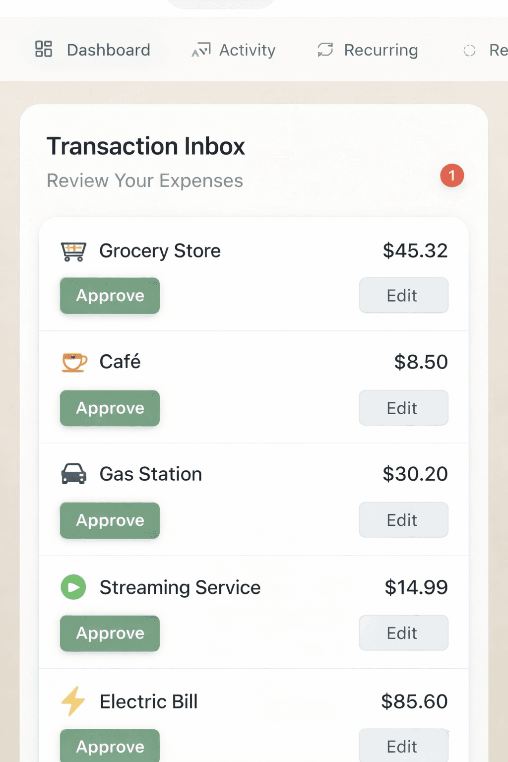Transaction inbox showing expenses awaiting review and approval.